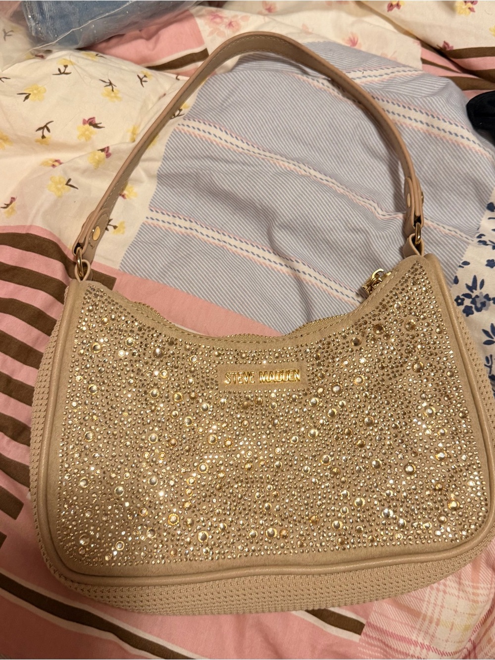 Steve Madden Gold-Embellished Beige Shoulder Bag